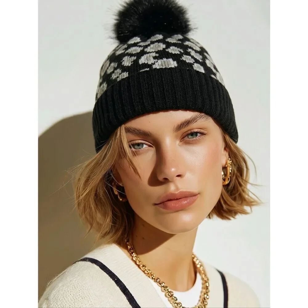 Brandy Style Cheetah Beanie Faux Fur Pom Viral Cozy It Girl Off Duty Winter Hat